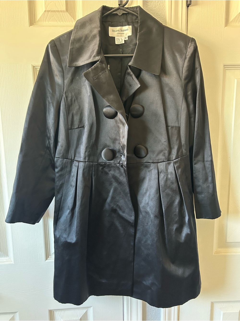 Helene Berman Black Satin Double-Breasted Pleated Trench Coat